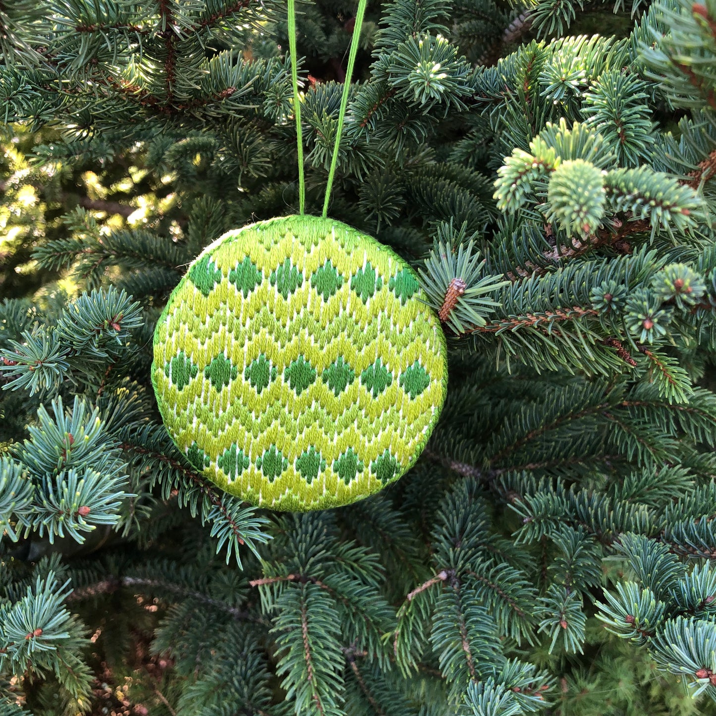 hand-stitched green bargello.