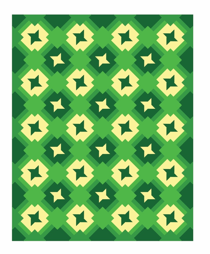 large Friendship Trails quilt in green and yellow.