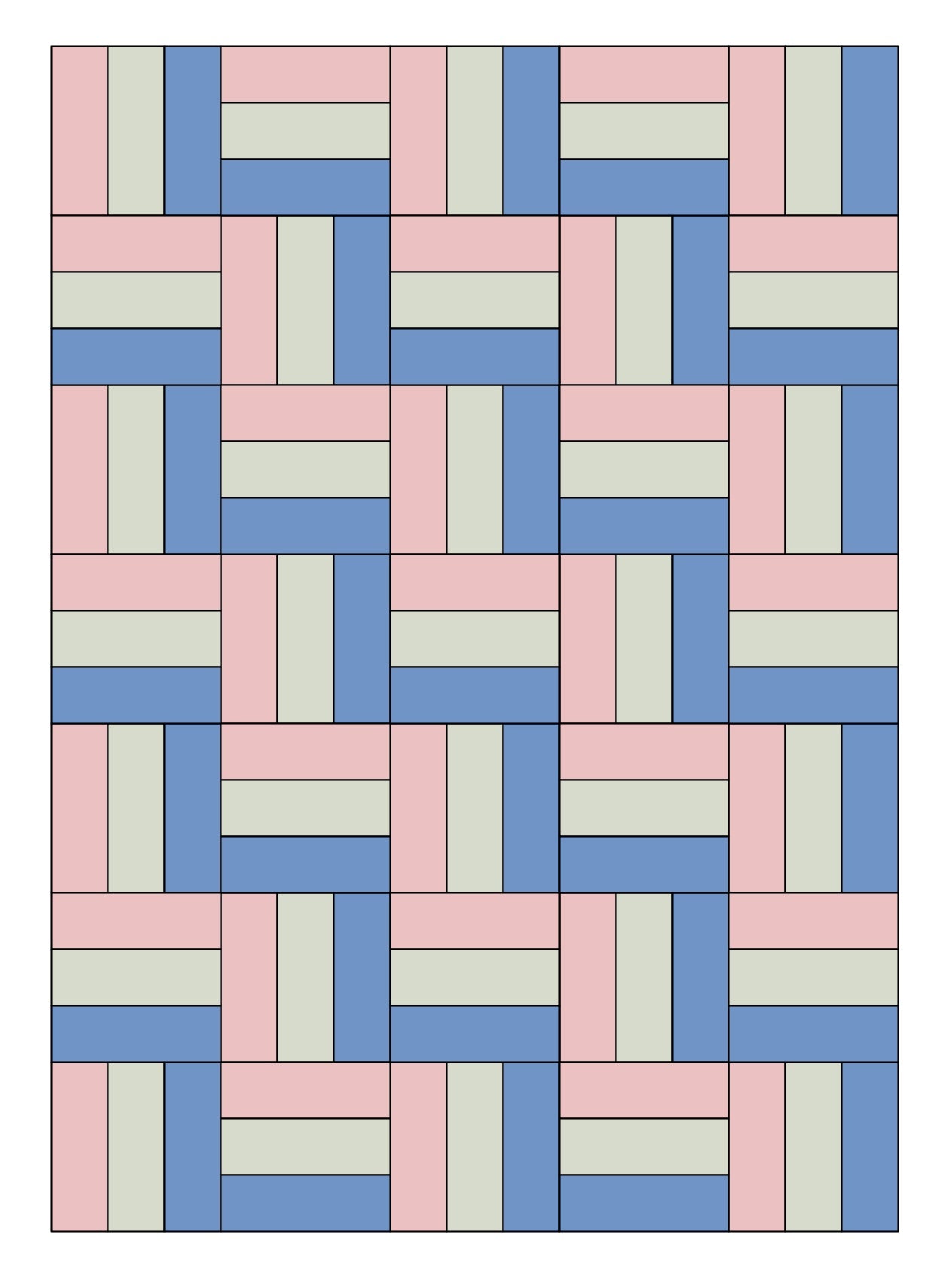 long version of rail fence quilt in blue and pink.