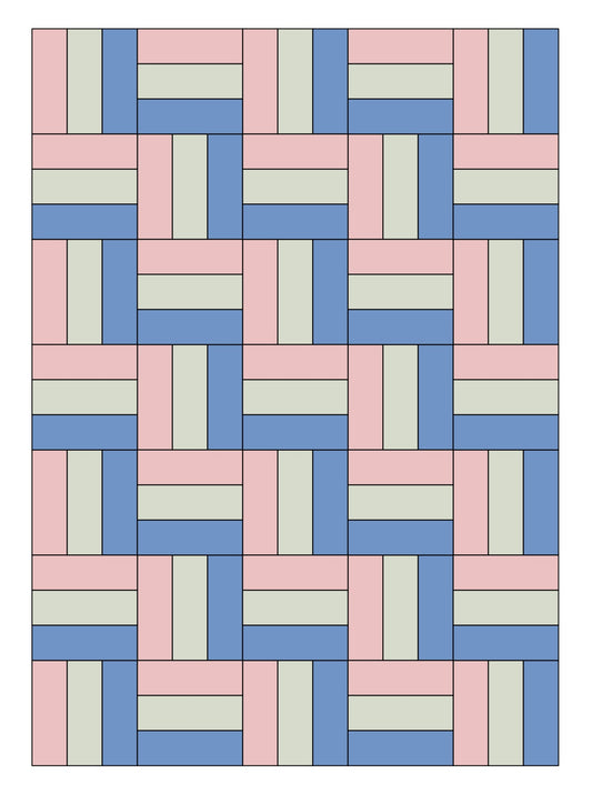 long version of rail fence quilt in blue and pink.