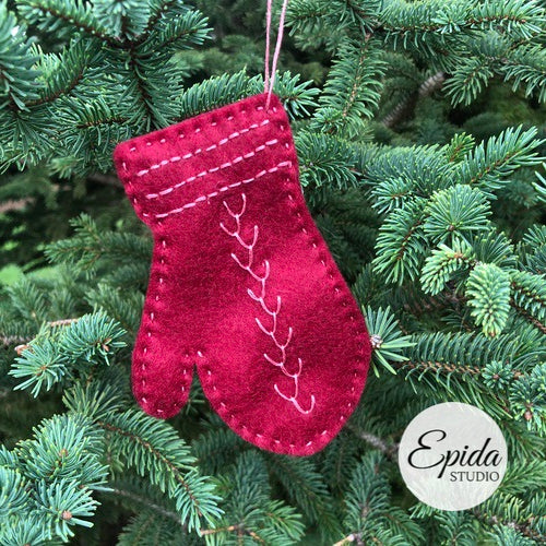 red felt mitten ornament.