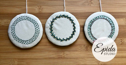 three wreath Christmas ornaments.