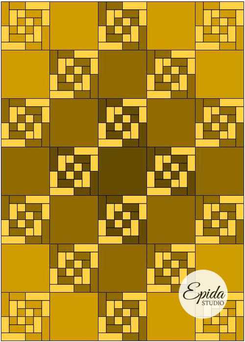 quilt diagram, bento box in shades of gold.