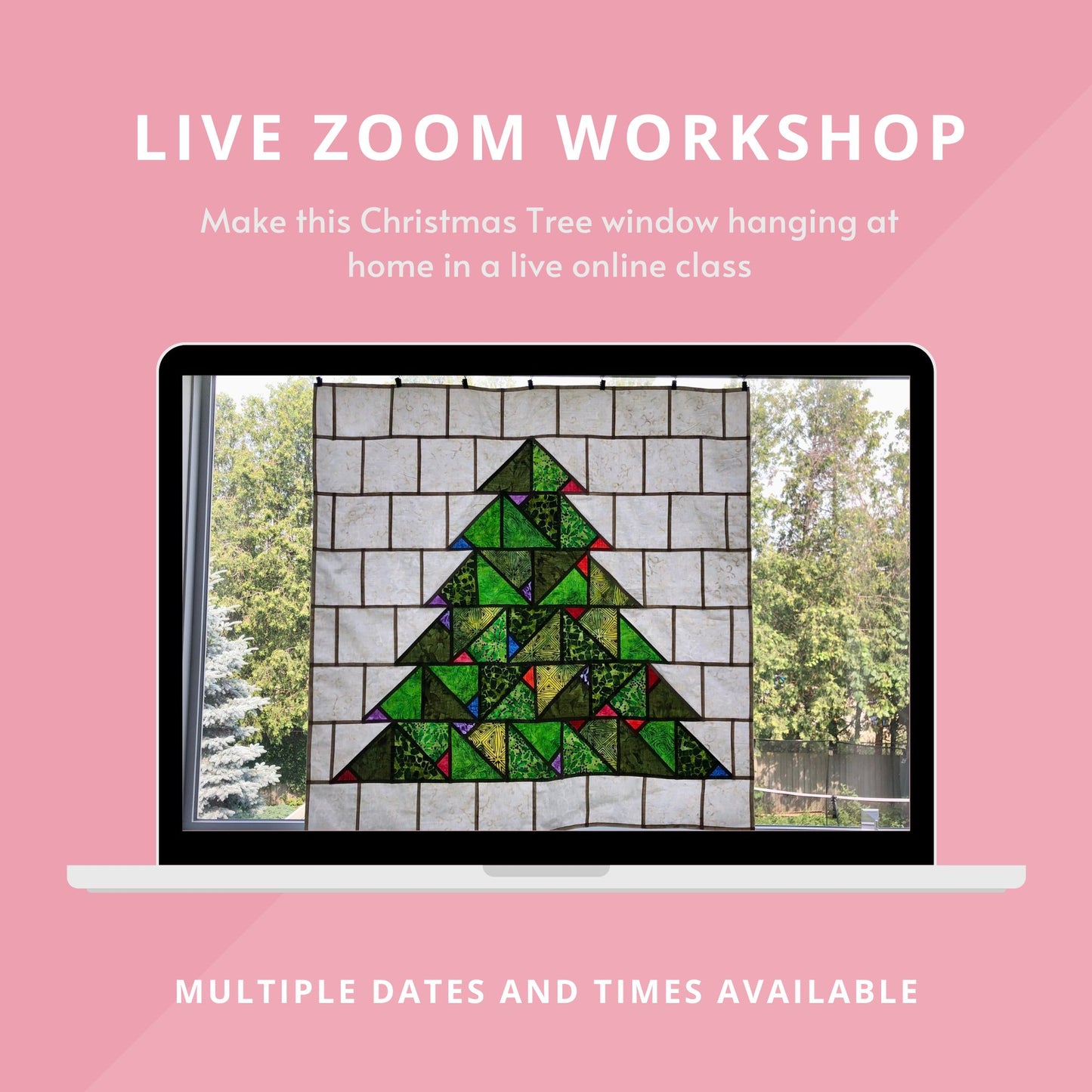 graphic for Christmas Tree window hanging live Zoom workshop.