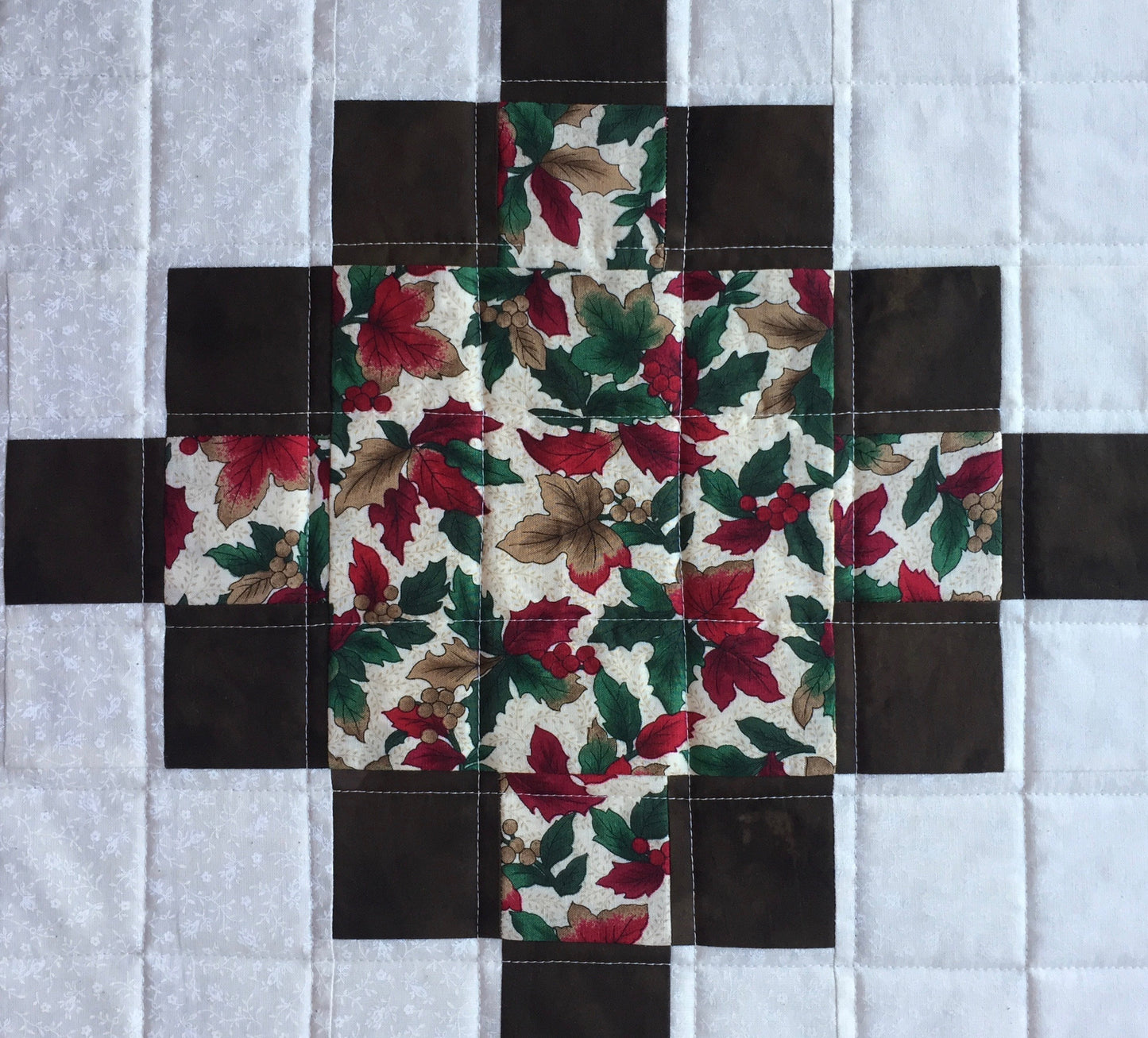 close up of straight line quilting on table runner.