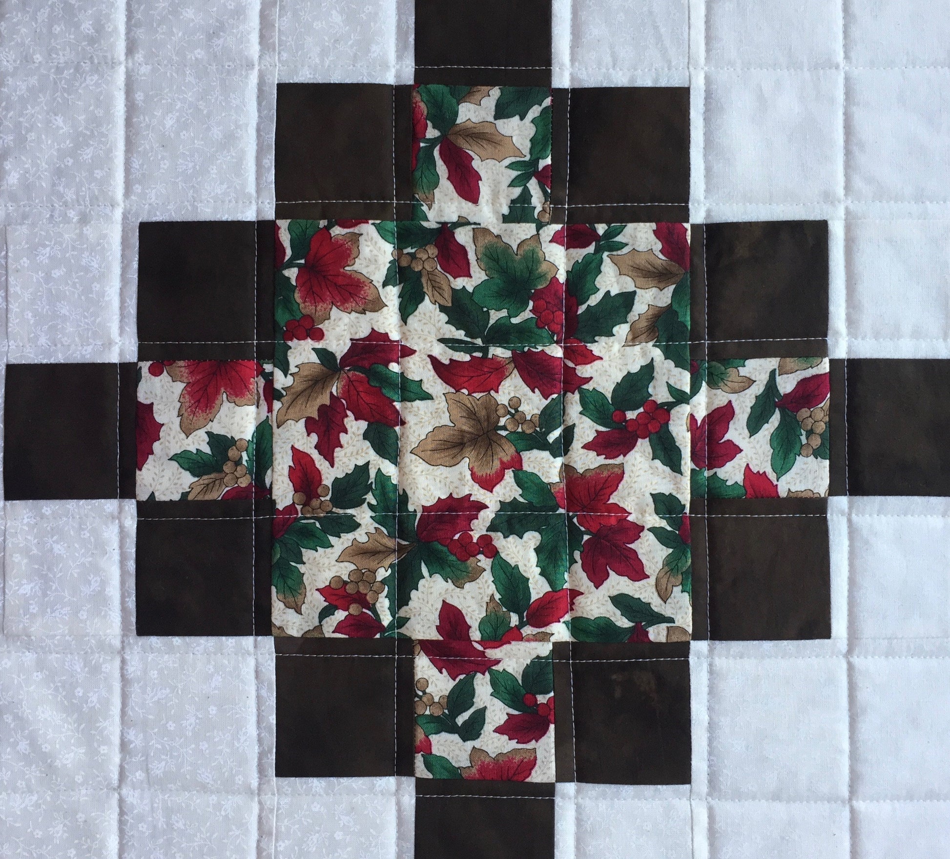 close up of straight line quilting on table runner.