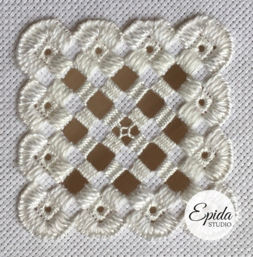 white hardanger stitching.