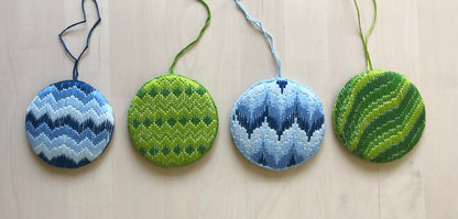 blue and green bargello Christmas ornaments.
