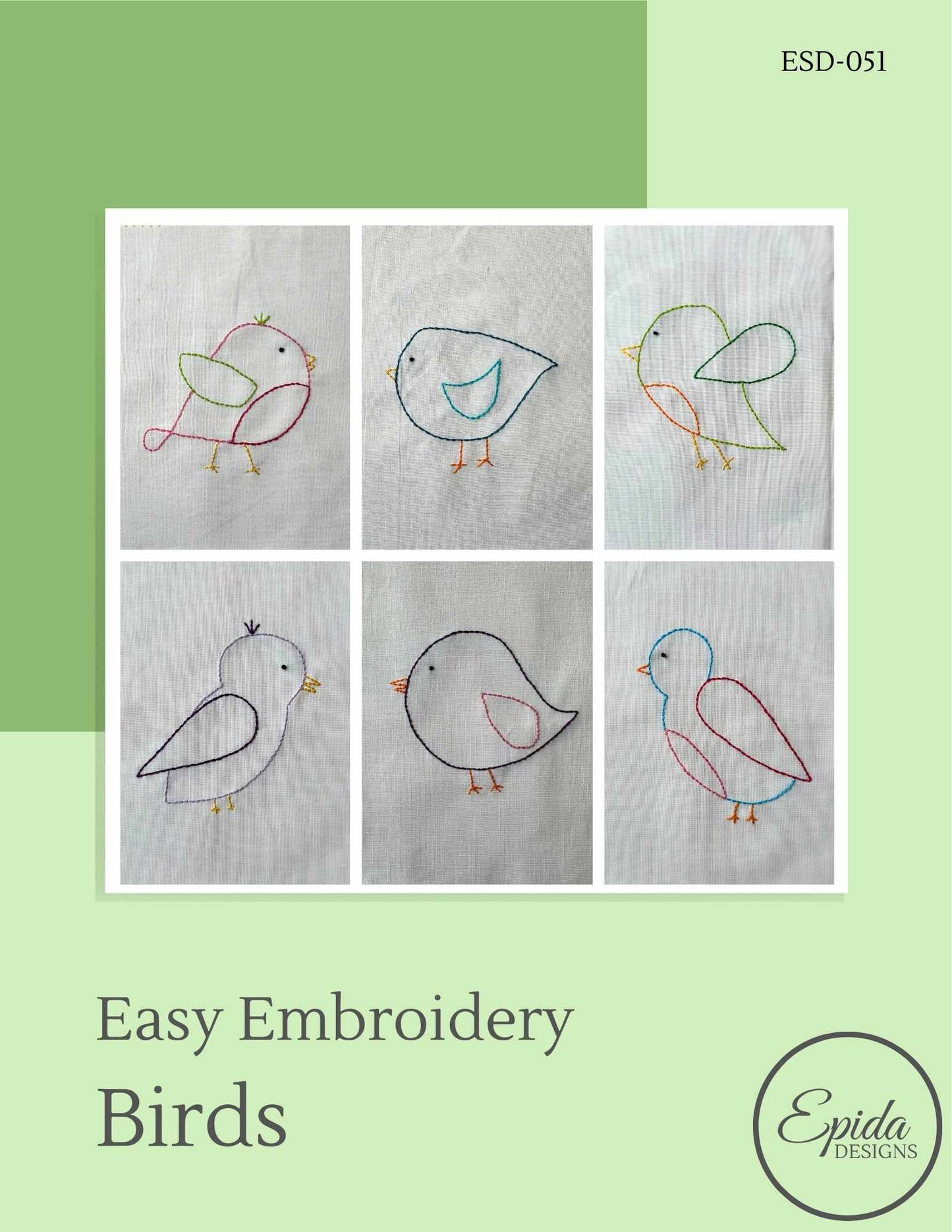 Embroidery pattern for birds on a green background with 'Epida Designs' branding.