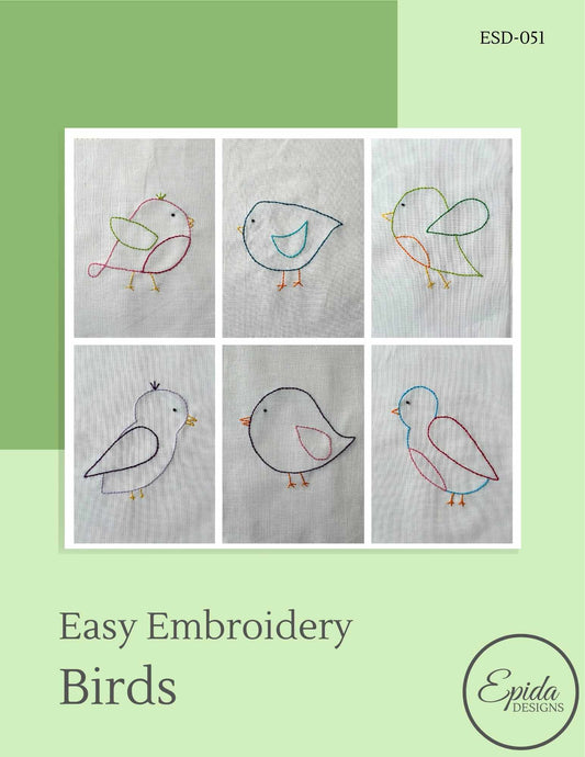 Embroidery pattern for birds on a green background with 'Epida Designs' branding.
