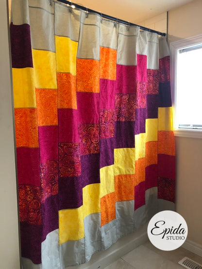 shower curtain made with reversible pojagi seams.