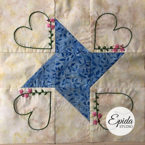 blue and white friendship star quilt block.