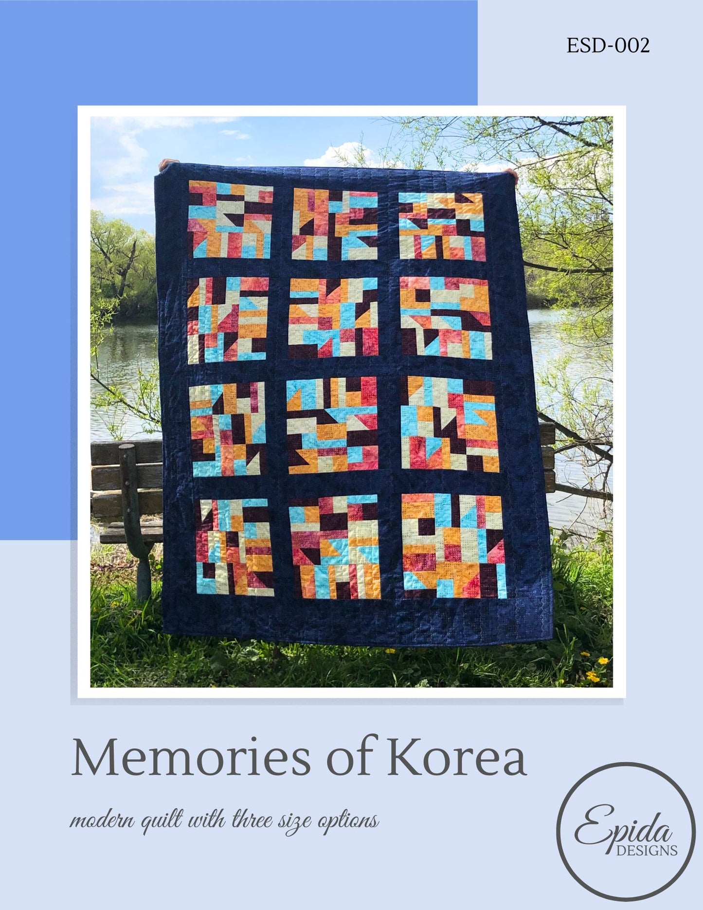 Pattern cover for Memories of Korea quilt - a project made with bright colours and geometric designs.