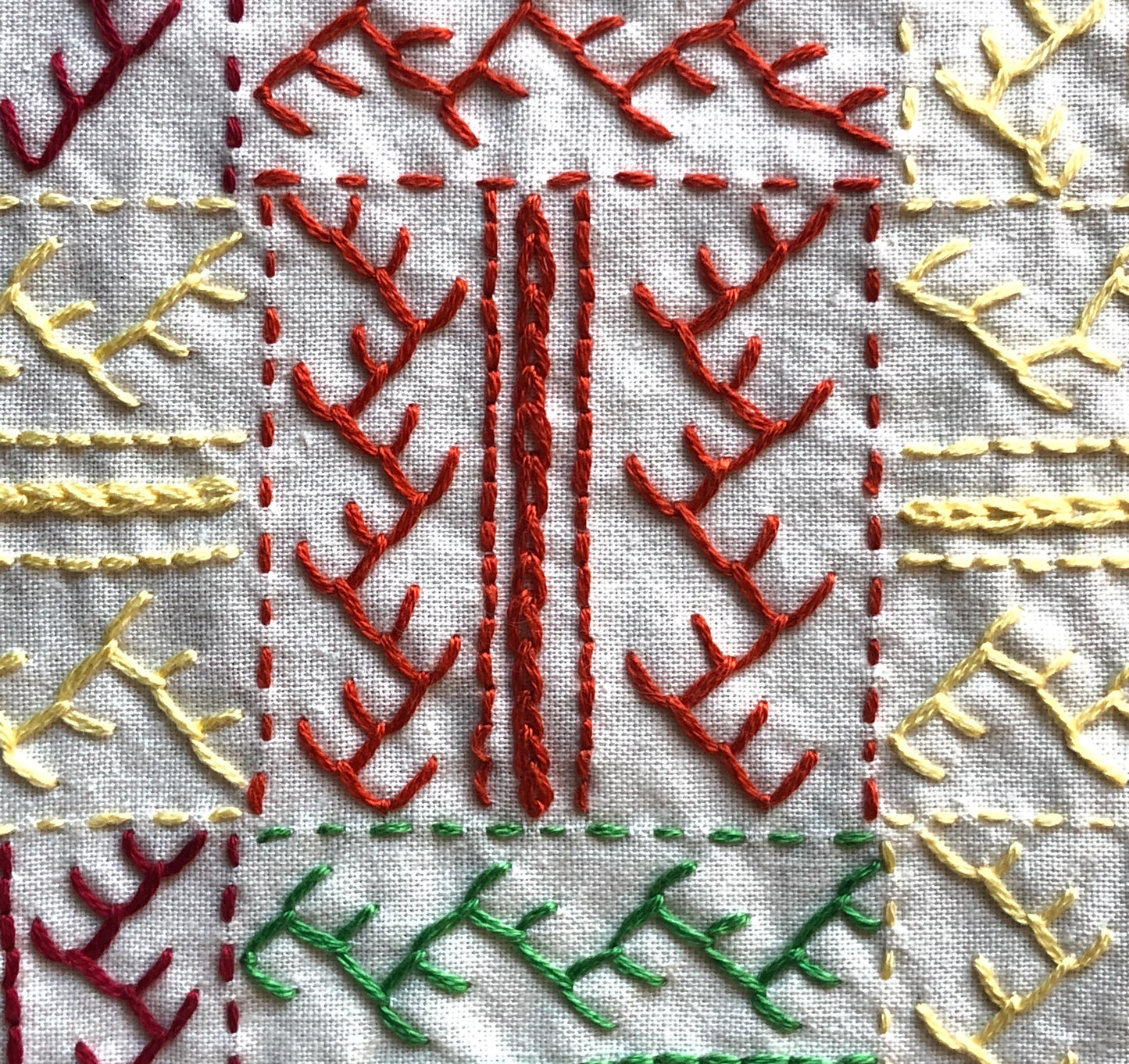 close up of stitch sampler.