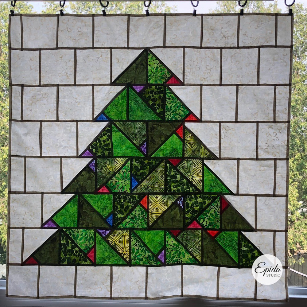 Scrappy patchwork Christmas Tree window hanging.