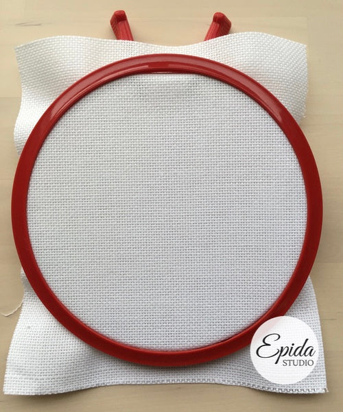 hardanger fabric in hoop.