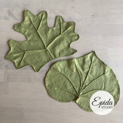 Two hand stitched linen leaves for home decor.