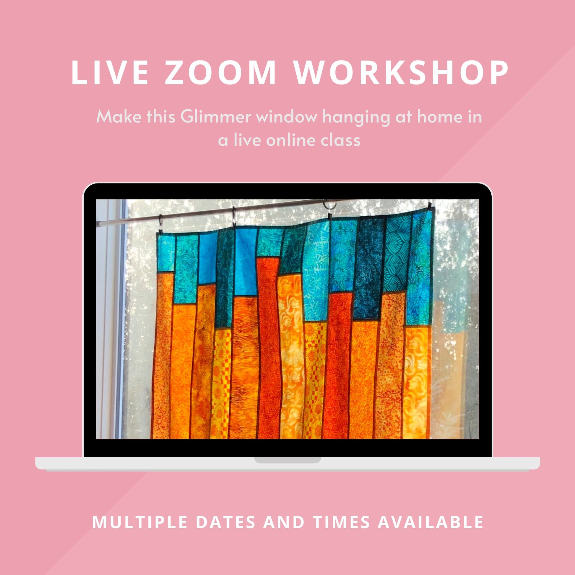 graphic for Glimmer window hanging live Zoom workshop by Epida Studio and Designs.