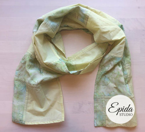 green patchwork scarf.