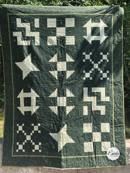 green nine patch quilt.