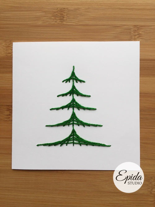 Greeting card with hand-stitched green Christmas tree.