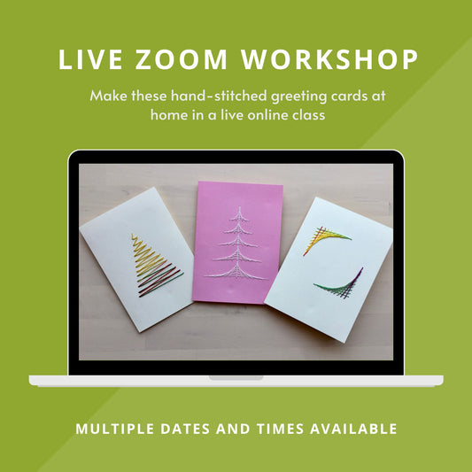 Graphic for hand stitched greeting cards live Zoom workshop by Epida Studio and Designs.