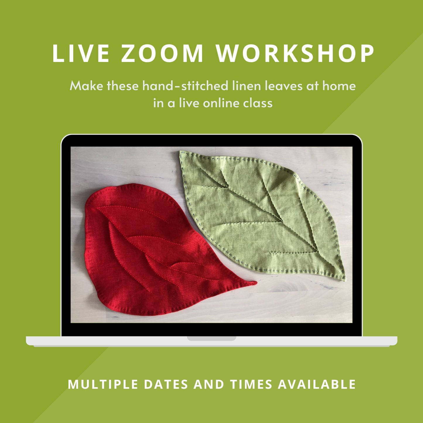 graphic for hand-stitched falling leaves live Zoom workshop by Epida Studio and Deisgns.