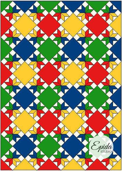 lemoyne star quilt in primary colours.