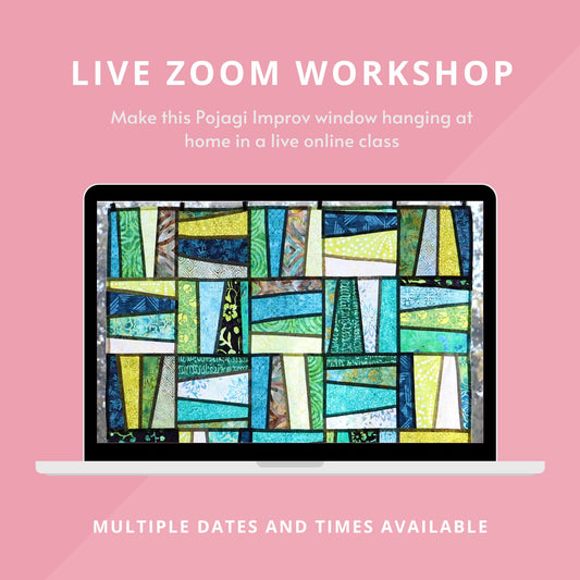 Graphic for pojagi improv window hanging live Zoom workshop by Epida Studio and Designs.