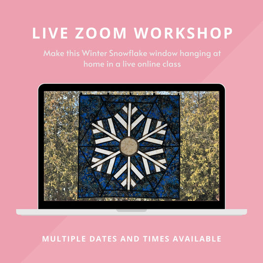 Graphic for winter snowflake live Zoom workshop by Epida Studio and Designs.